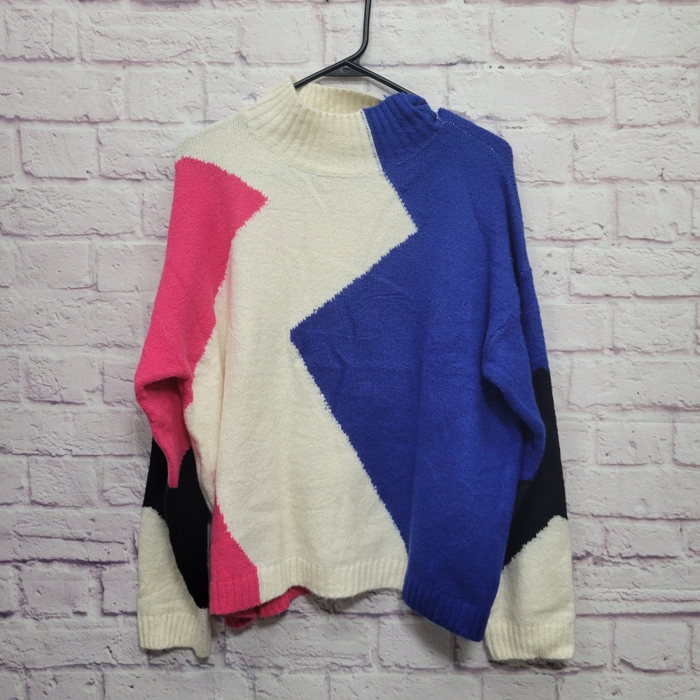 NEW Umgee The Audree Sweater Size S Retro Asymmetrical Artsy Blue Pink Mock Neck